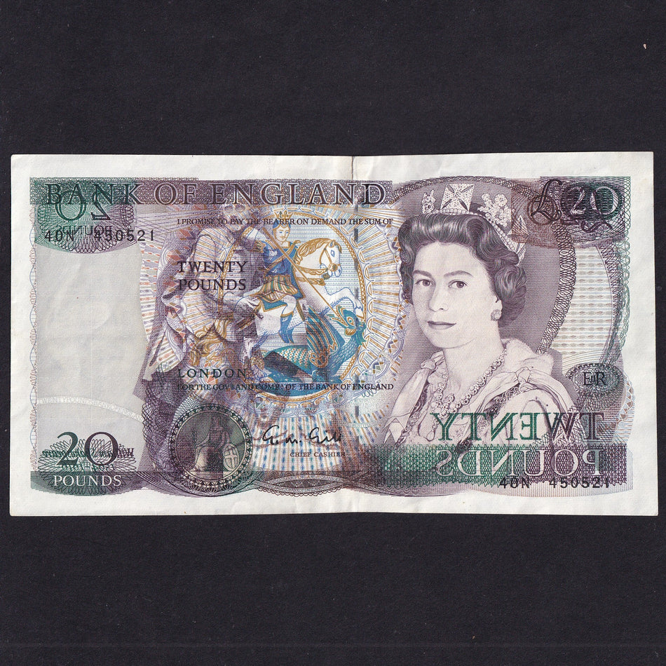 Bank of England (B355) Gill, £20 error, 1988, reverse-to-obverse ink transfer, serial no. 40N 450521, 5mm tear, Good VF