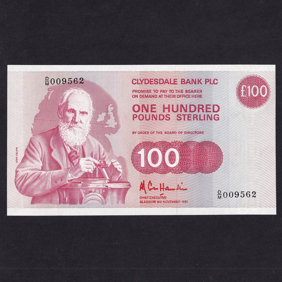 Scotland (P217b) Clydesdale Bank PLC, £100, 9th November 1991, Chief Executive, serial no. D/M 009562, Lord Kelvin, centre fold, Good EF