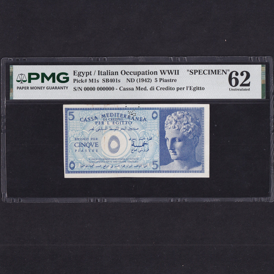Egypt (PM1s) 5 Piastres specimen, 1942, for Italian Occupation WWII, rust, PMG62, rare, UNC