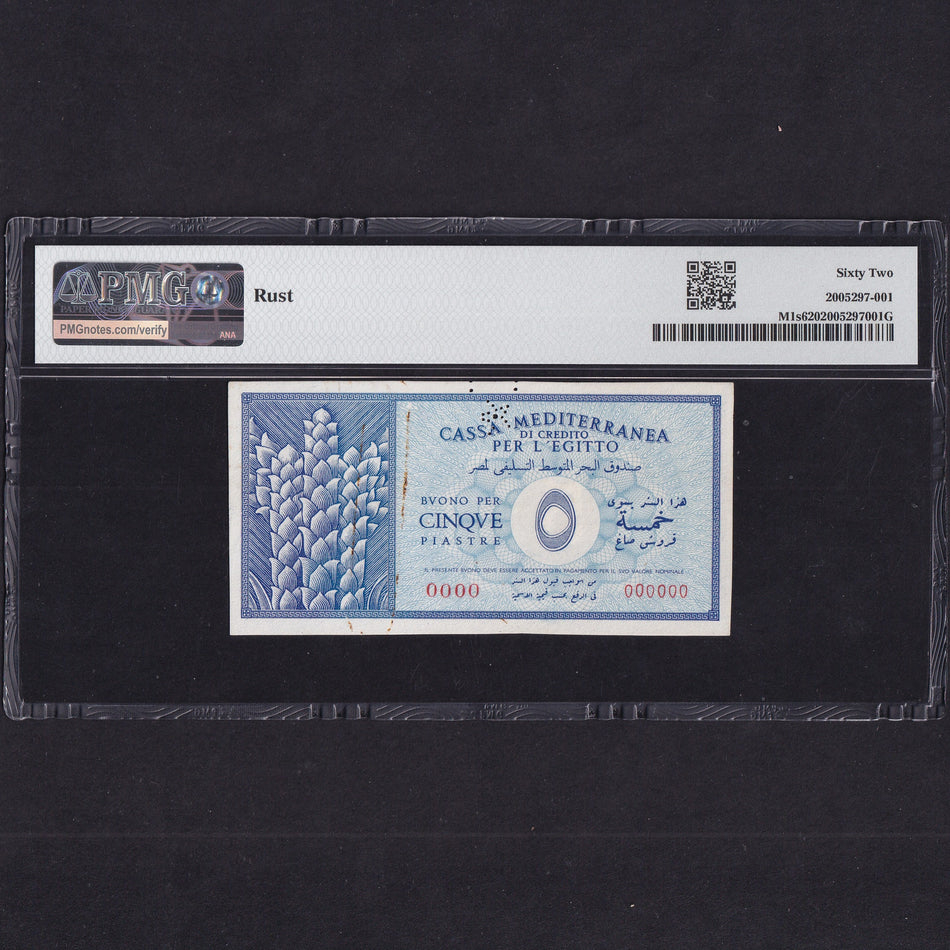 Egypt (PM1s) 5 Piastres specimen, 1942, for Italian Occupation WWII, rust, PMG62, rare, UNC