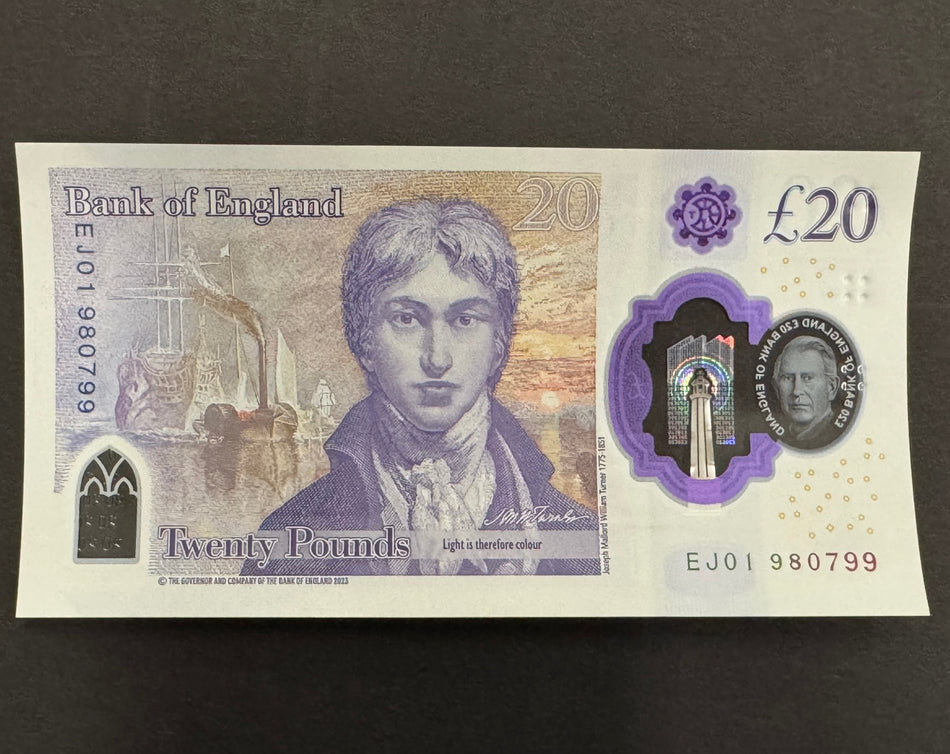 Bank of England (B---) Cleland, £20, EJ01, first million, Charles III, count machine indent otherwise UNC