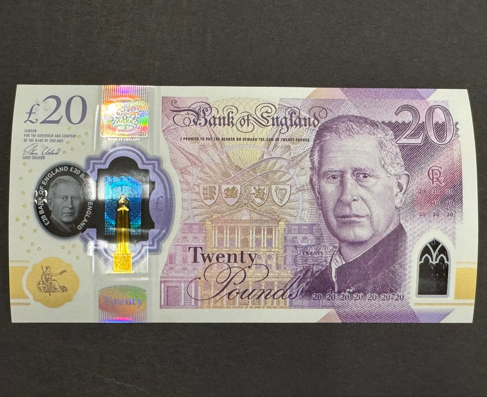 Bank of England (B---) Cleland, £20, EJ01, first million, Charles III, count machine indent otherwise UNC