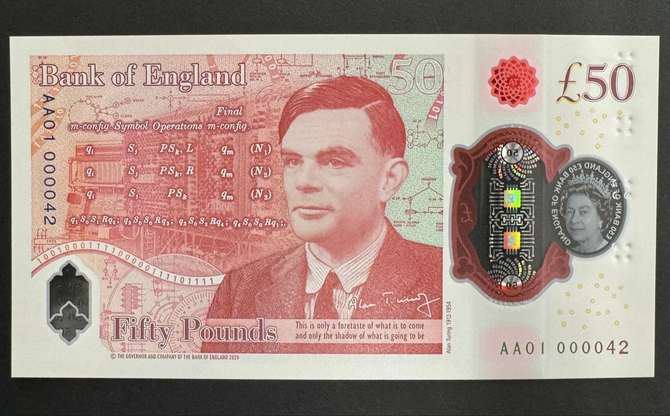 Bank of England (B418) Cleland, £50, first million & low serial, AA01 000042, QEII, UNC