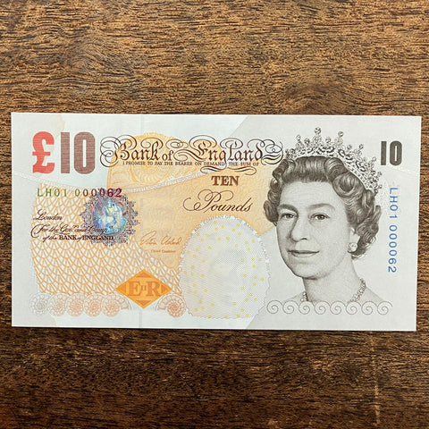 Bank of England (B411) Cleland, £10, first million & low serial, LH01 000062 slight fold otherwise A/UNC