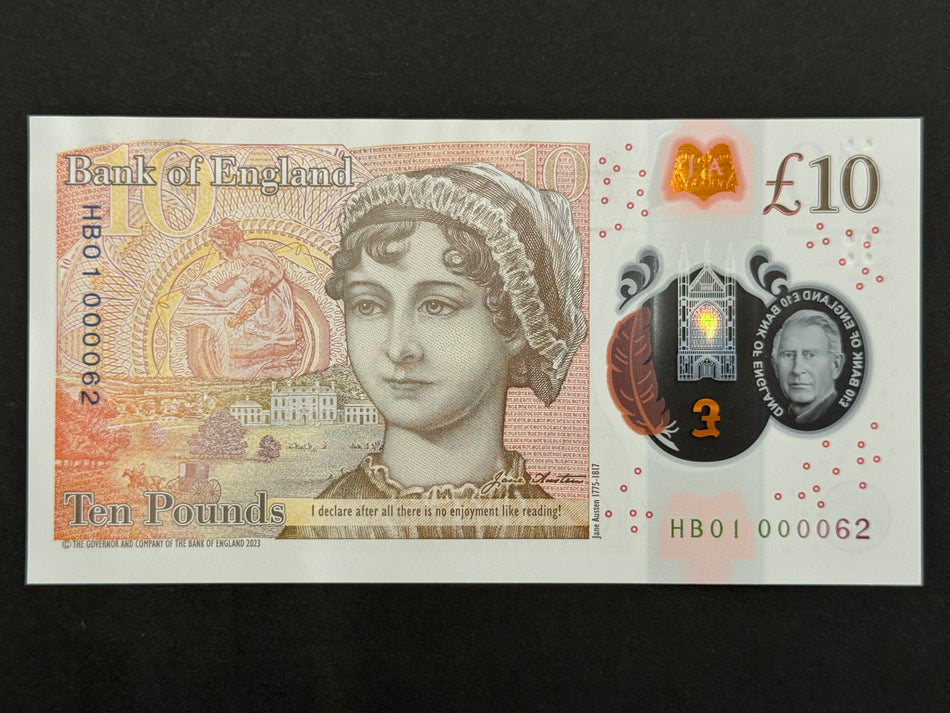 Bank of England (B420) John, £10, HB01 000062, low number and first million, Charles III, UNC