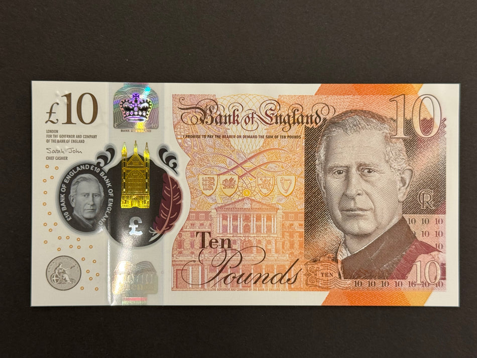 Bank of England (B420) John, £10, HB01 000062, low number and first million, Charles III, UNC