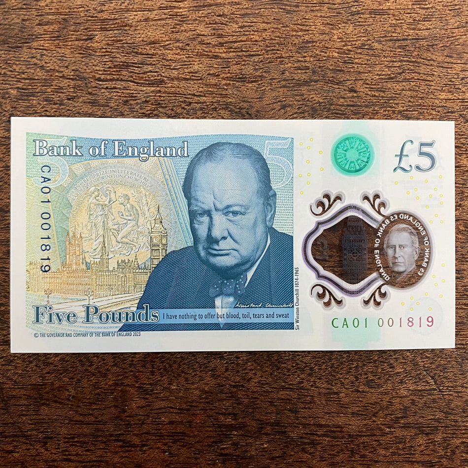 Bank of England (B419) John, £5, King Charles III, 1st million & low serial number, CA01 001819, UNC