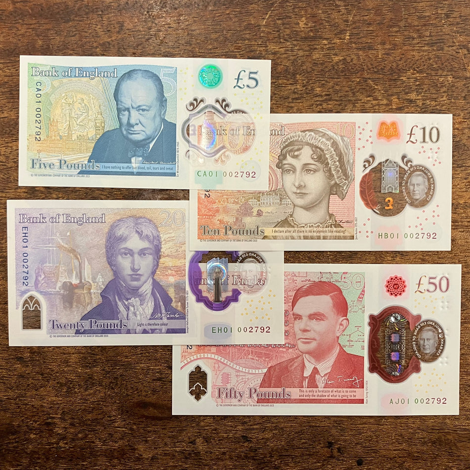 Bank of England (B419, 420, 421 & 422) John, £5, £10, £20 & £50 King Charles III set, first million & SAME low serial numbers, CA01/ HB01/ EH01/AJ01 002792, UNC