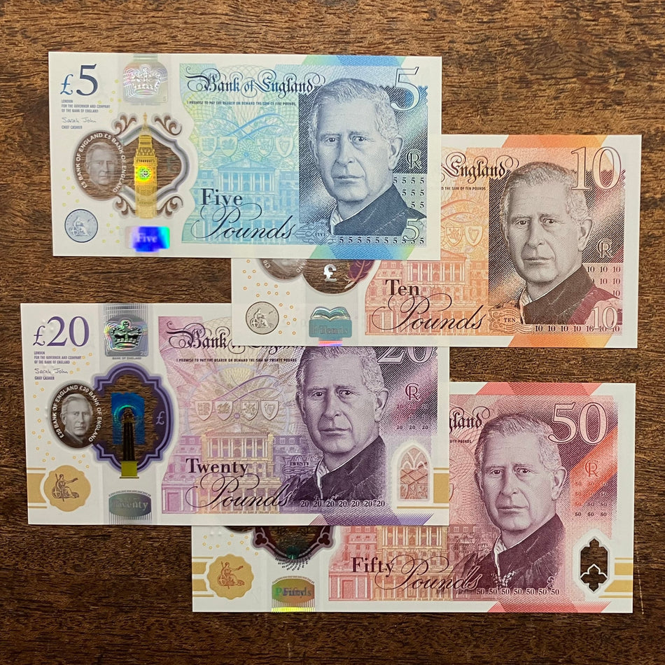 Bank of England (B419, 420, 421 & 422) John, £5, £10, £20 & £50 King Charles III set, first million & SAME low serial numbers, CA01/ HB01/ EH01/AJ01 002792, UNC