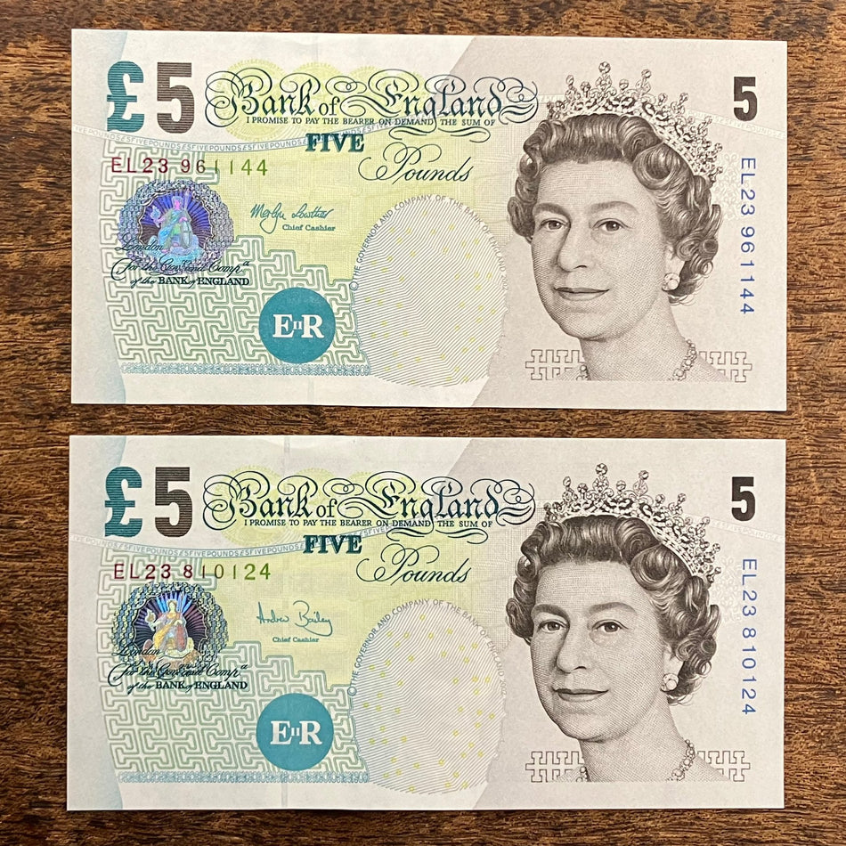 Bank of England (B395cs & B398cs) Lowther & Bailey, £5 pair, Column Sort, EL23, UNC