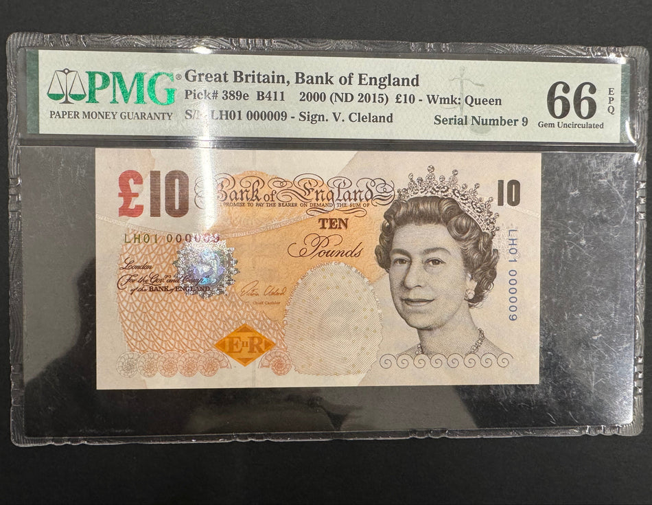 Bank of England (B411) Cleland, £10, LH01 000009, first million & low serial (so far very few first million notes sold with such a low serial), PMG66, UNC