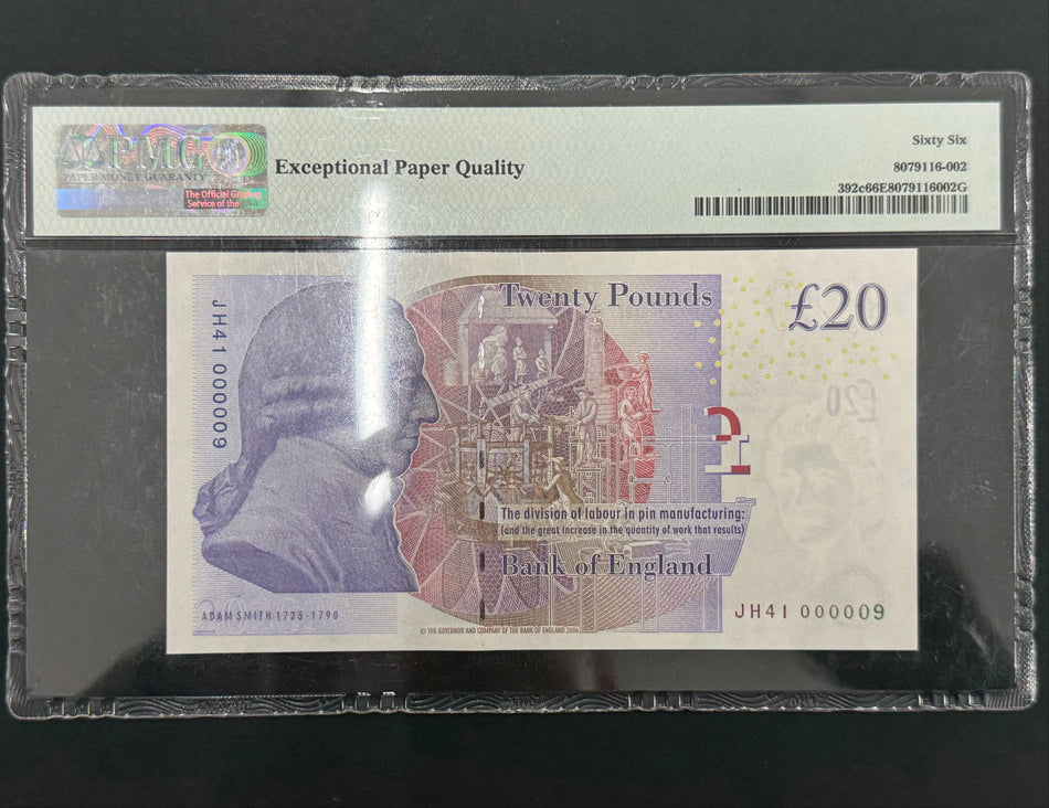 Bank of England (B412) Cleland, £20, JH41 000009, first million & low serial (so far very few first million notes sold with such a low serial), PMG66, UNC
