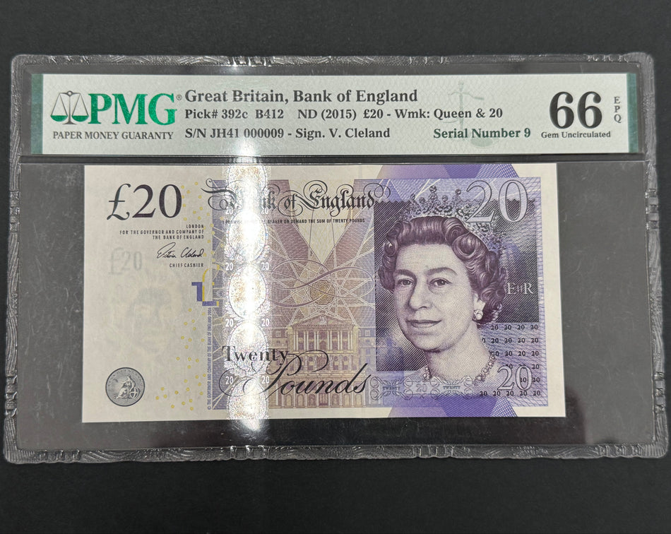 Bank of England (B412) Cleland, £20, JH41 000009, first million & low serial (so far very few first million notes sold with such a low serial), PMG66, UNC