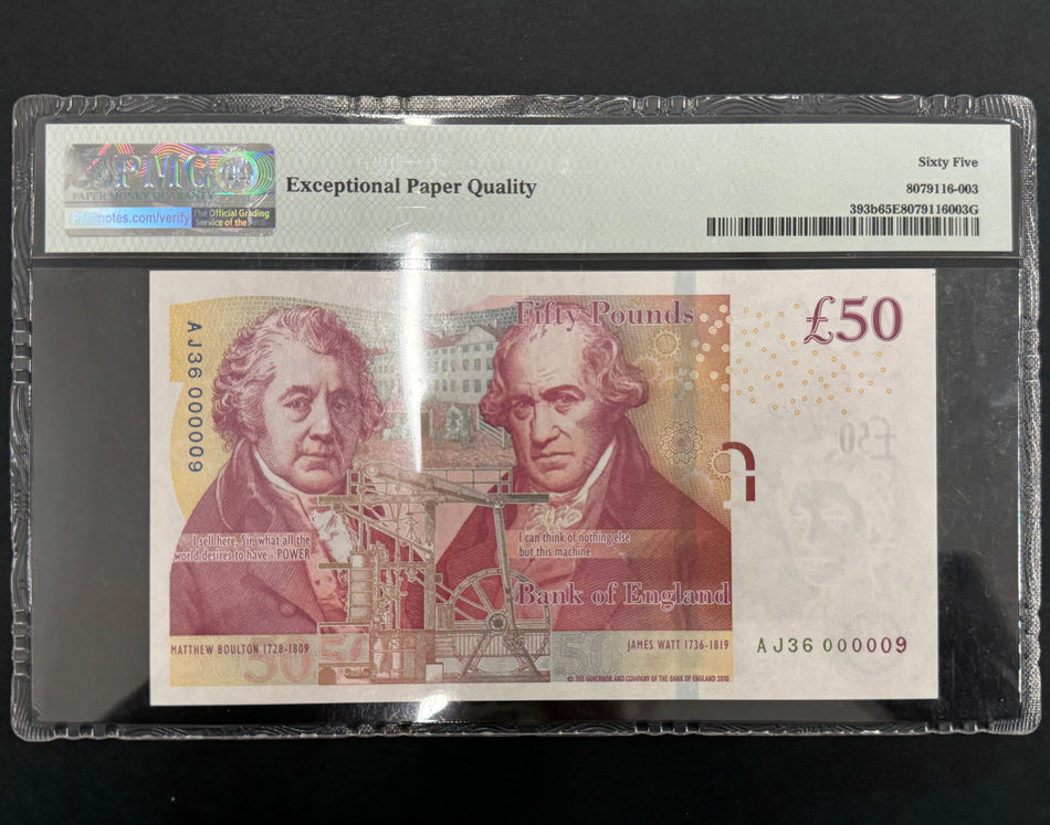 Bank of England (B413) Cleland, £50, AJ36 000009, first million & low serial (so far very few first million notes sold with such a low serial), PMG65, UNC