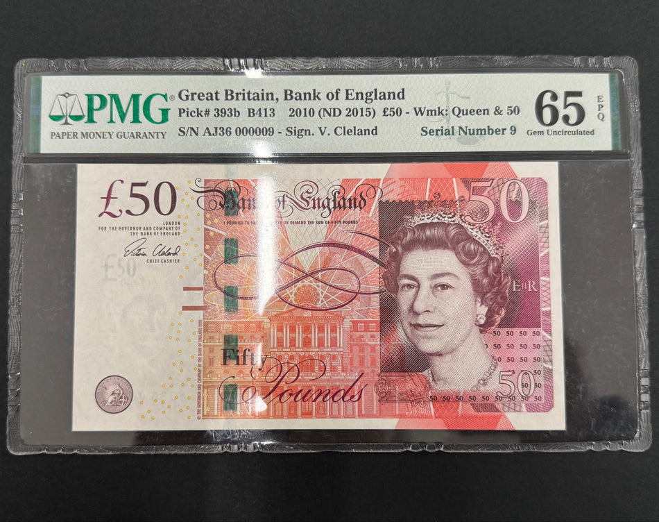 Bank of England (B413) Cleland, £50, AJ36 000009, first million & low serial (so far very few first million notes sold with such a low serial), PMG65, UNC