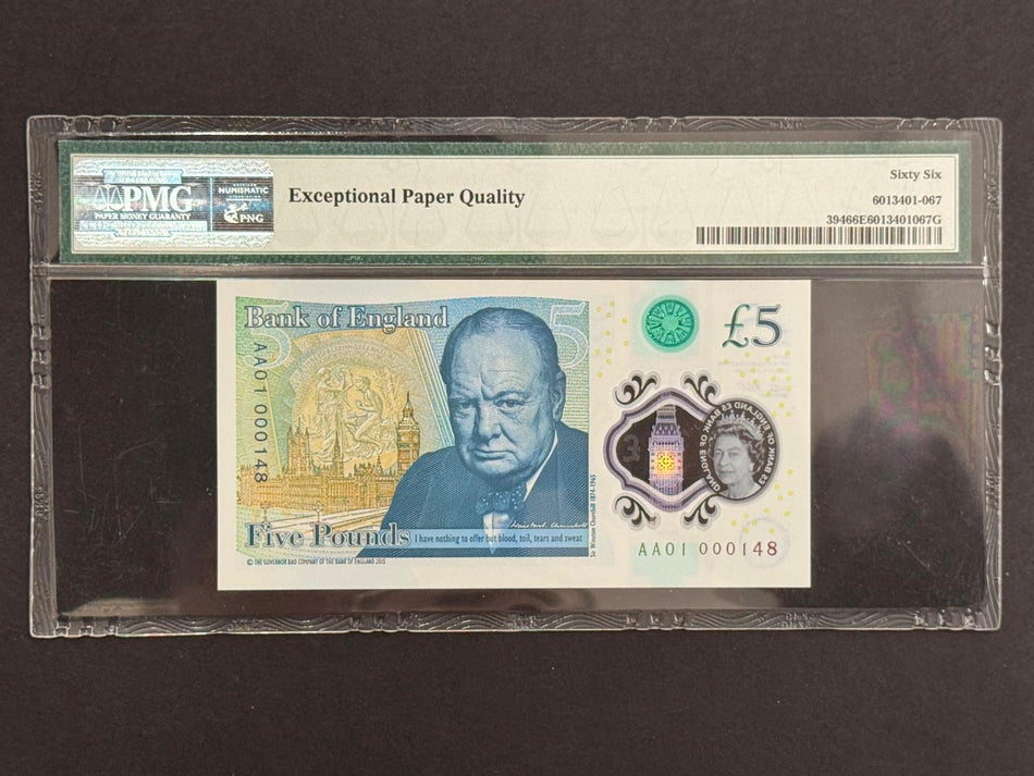 Bank of England (B414) Cleland, £5, AA01 000148, PMG66, UNC