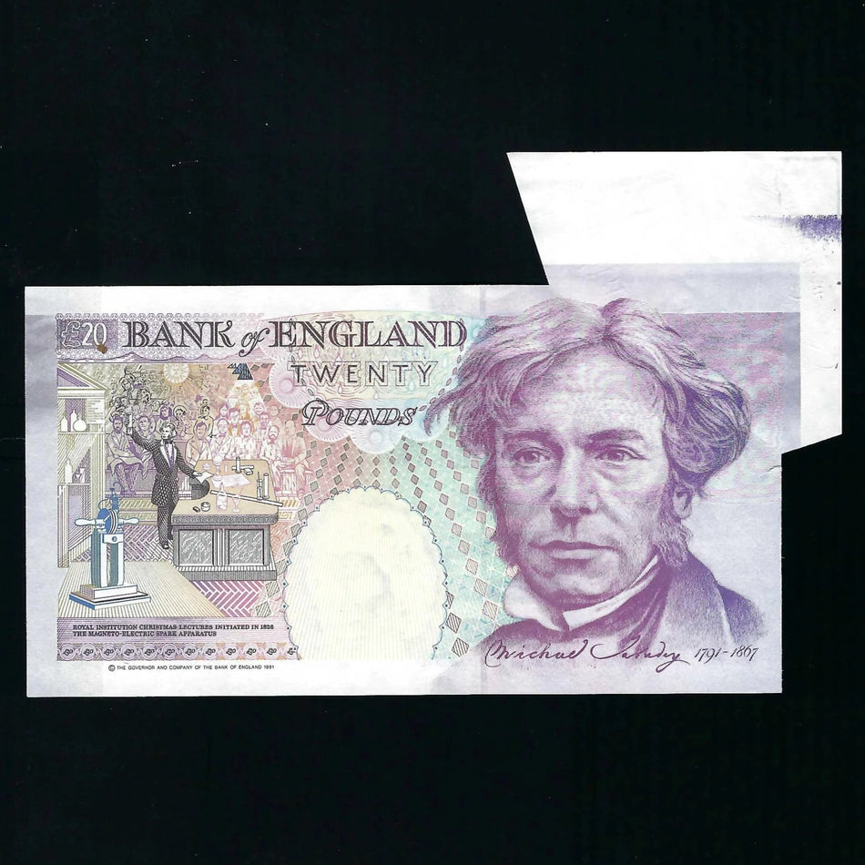 Bank of England (B358) Gill, £20 error, shark fin, C01, small tear otherwise UNC