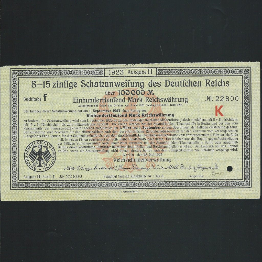Germany 100000 Mark treasury bill (1923) Schatzanweisung des Duutschen Reichs, EF