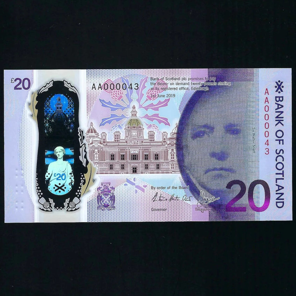 Scotland, Bank of Scotland, £20 polymer (new) first million & low serial, AA000043, PMS.135a, UNC