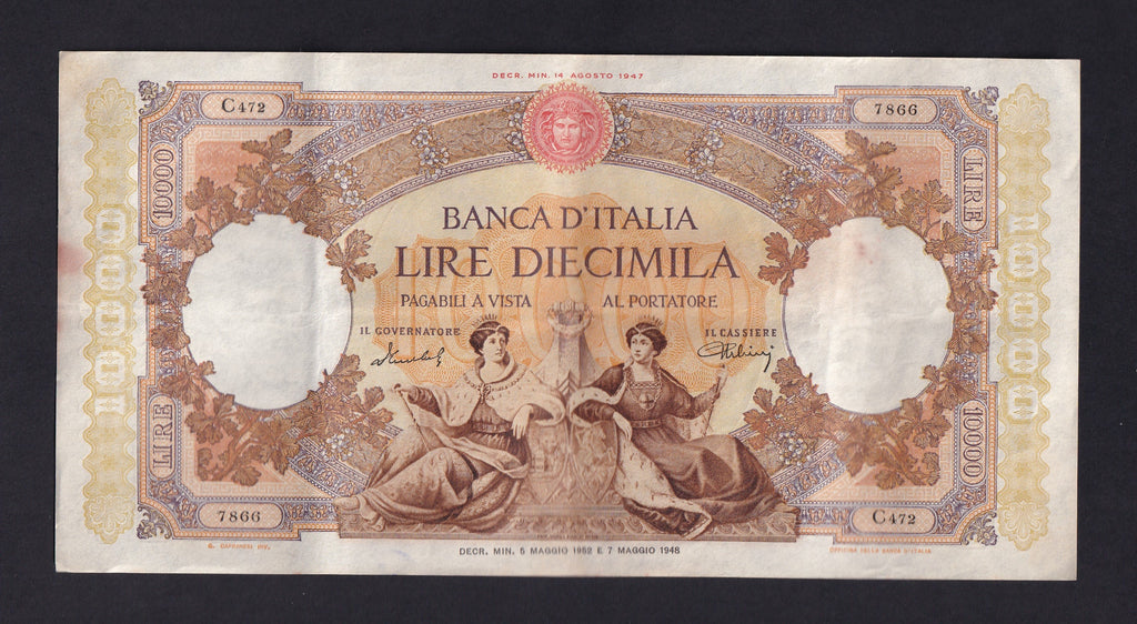 Italy (P.89b) 10,000 Lire, 5th May 1952, MENICHELLA/URBINI C472, slight rust, Good VF