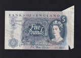 Bank of England (B314) Fforde, £5 error, extra paper, showing part of sheet register, VF