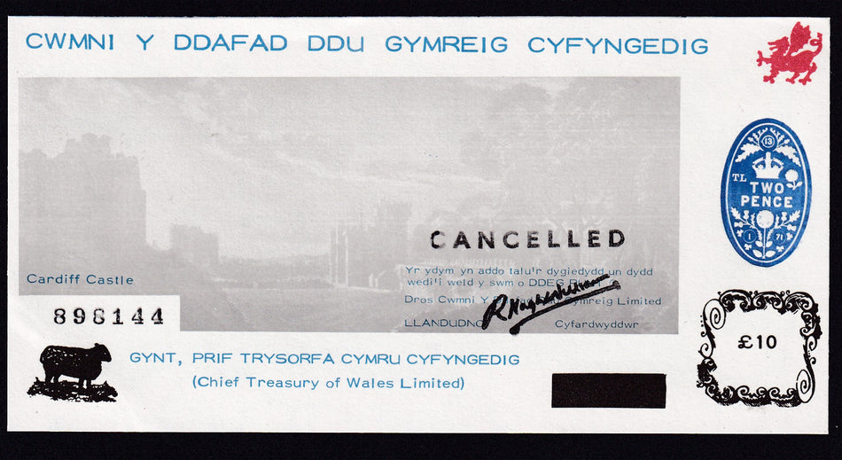 Wales, Chief Treasury of Wales Limited, £10 revenue stamp, 13th January 1971, cancelled, UNC