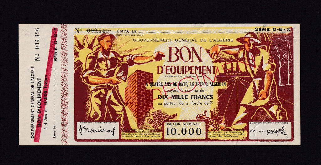 Algeria, 10000 Francs specimen lottery ticket, 1948