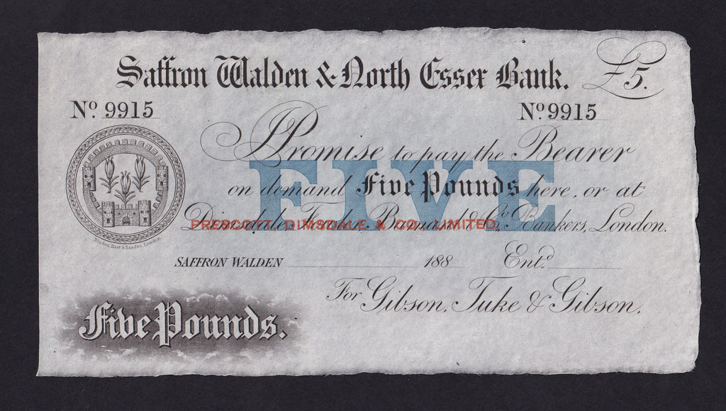 Provincial - Saffron Walden & North Essex £5 (18xx) unissued for Gibson, Tuke & Gibson. Outing 1849G, A/UNC
