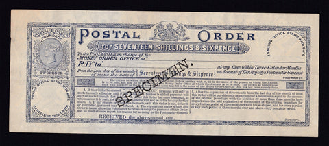 Postal Order specimen, 17/6d, first issue, discolour, VF