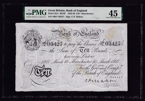 Bank of England (B216f) Mahon, £10, 10th March 1927, Manchester branch note( 31 notes recorded) , PMG45, minor stains, EF
