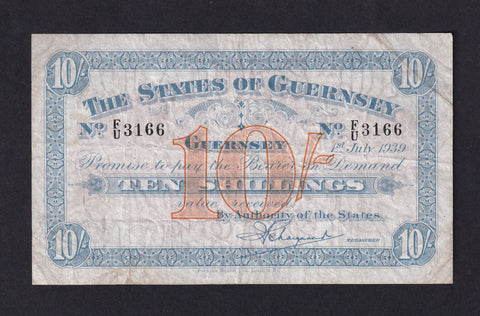 Guernsey (P15) 10 Shillings, 1st July 1939, Pre War, Good Fine