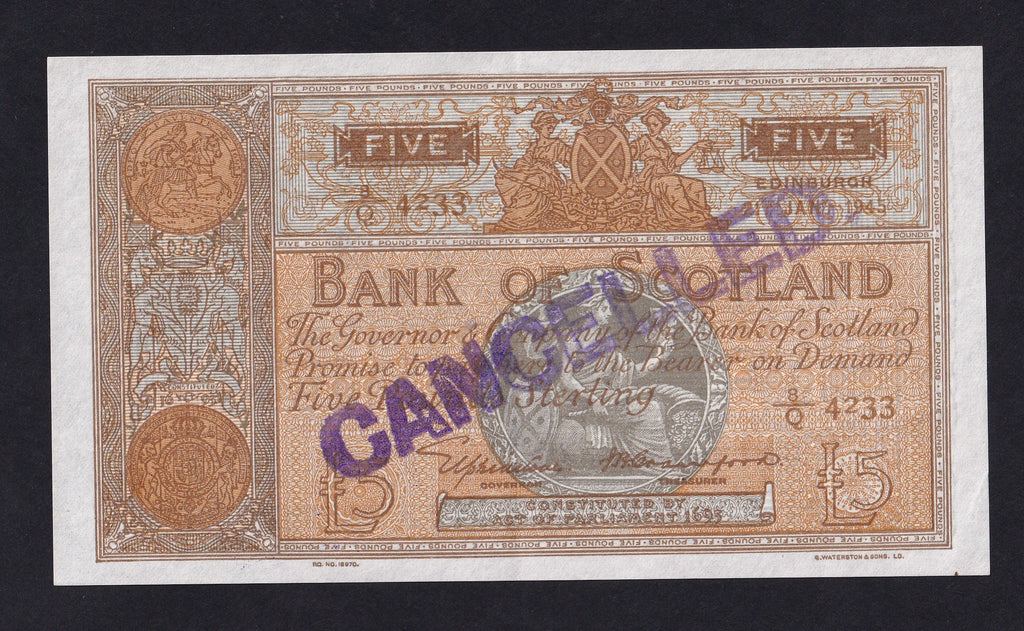 Scotland, Bank of Scotland, £5 Stanley Curister essay, 21st January 1945, PMSBA102b, very scarce, Good EF