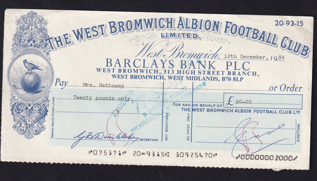 WEST BROMWICH ALBION FOOTBALL CLUB CHEQUE VF