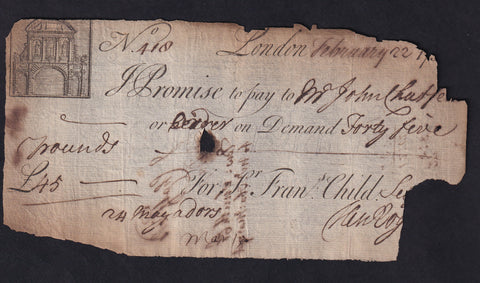 Child & Co., bearer note for £45, 17??, amended to bearer from order, Outing 2512Q, Poor