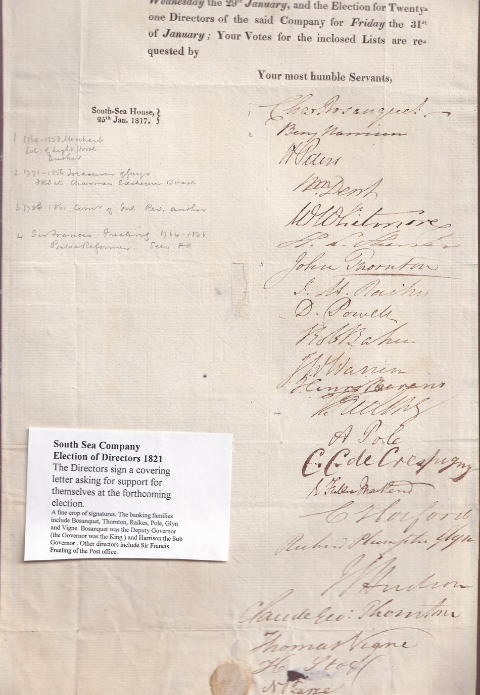 England, South Sea Company letter, 1821, Election of Directors, fine crop of signatures, VF