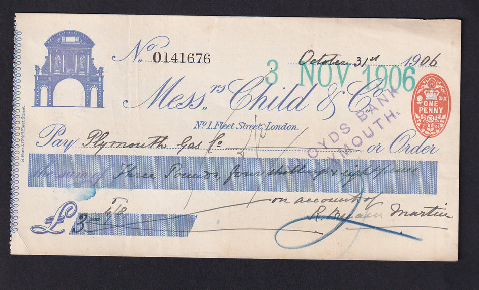 Child & Co. cheque, 1906, VF