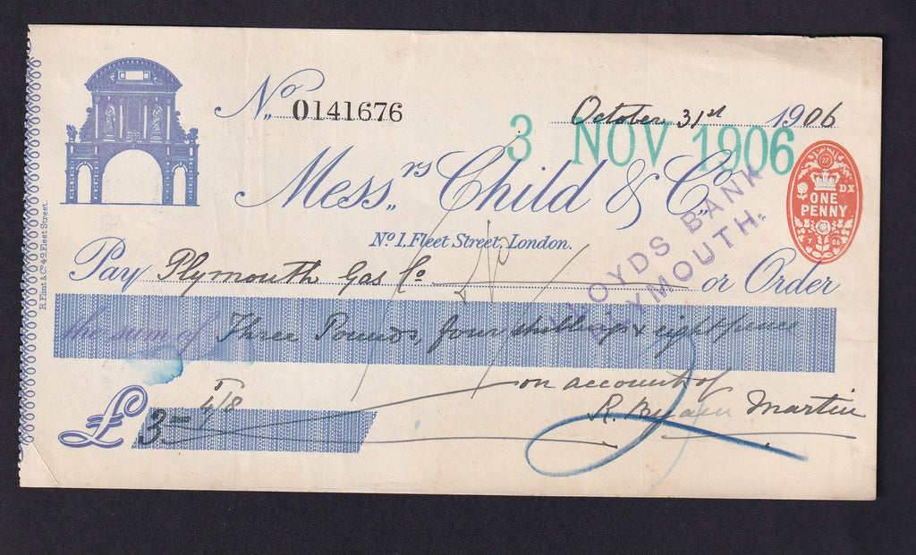 Child & Co. cheque, 1906, VF – Colin Narbeth & Son Ltd.