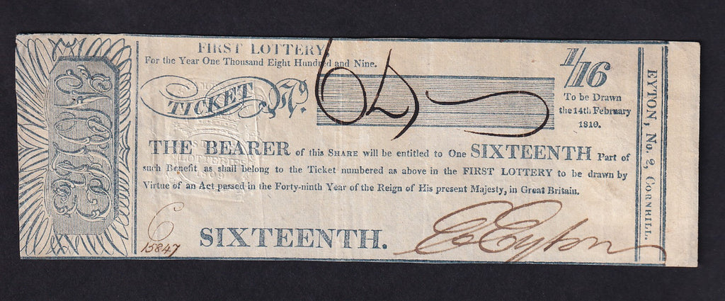 England, Lottery Ticket, 1/16th, 1809, EYTON N0.2 CORNHILL, mount marks GDVF