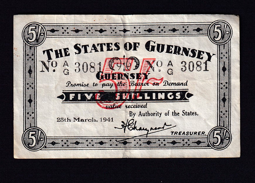 Guernsey (P19) 5 Shillings, 25th March 1941, A/G 3081 . A/VF