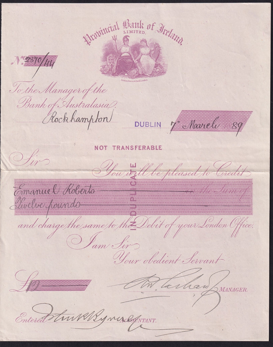 Provincial Bank of Ireland, Instruction to pay manager of Bank of Australasia ROCKHAMPTON, £12, 1899, VF