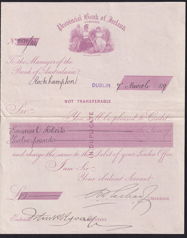 Provincial Bank of Ireland, Instruction to pay manager of Bank of Australasia ROCKHAMPTON, £12, 1899, VF