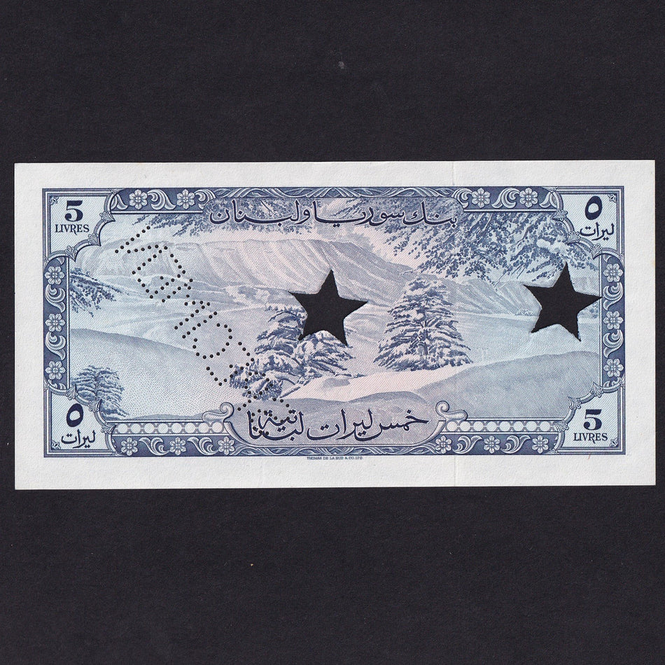 Lebanon (P56s) 5 Livre specimen, 1952, UNC