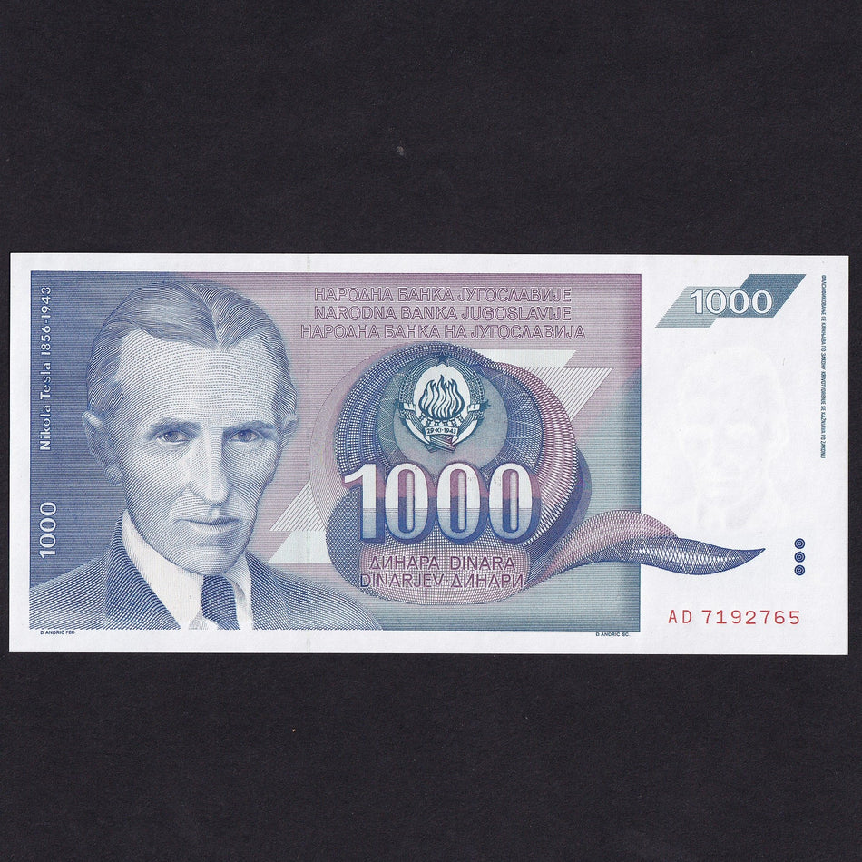 Yugoslavia (P110) 1000 Dinara, 1991, Nikola Tesla, UNC