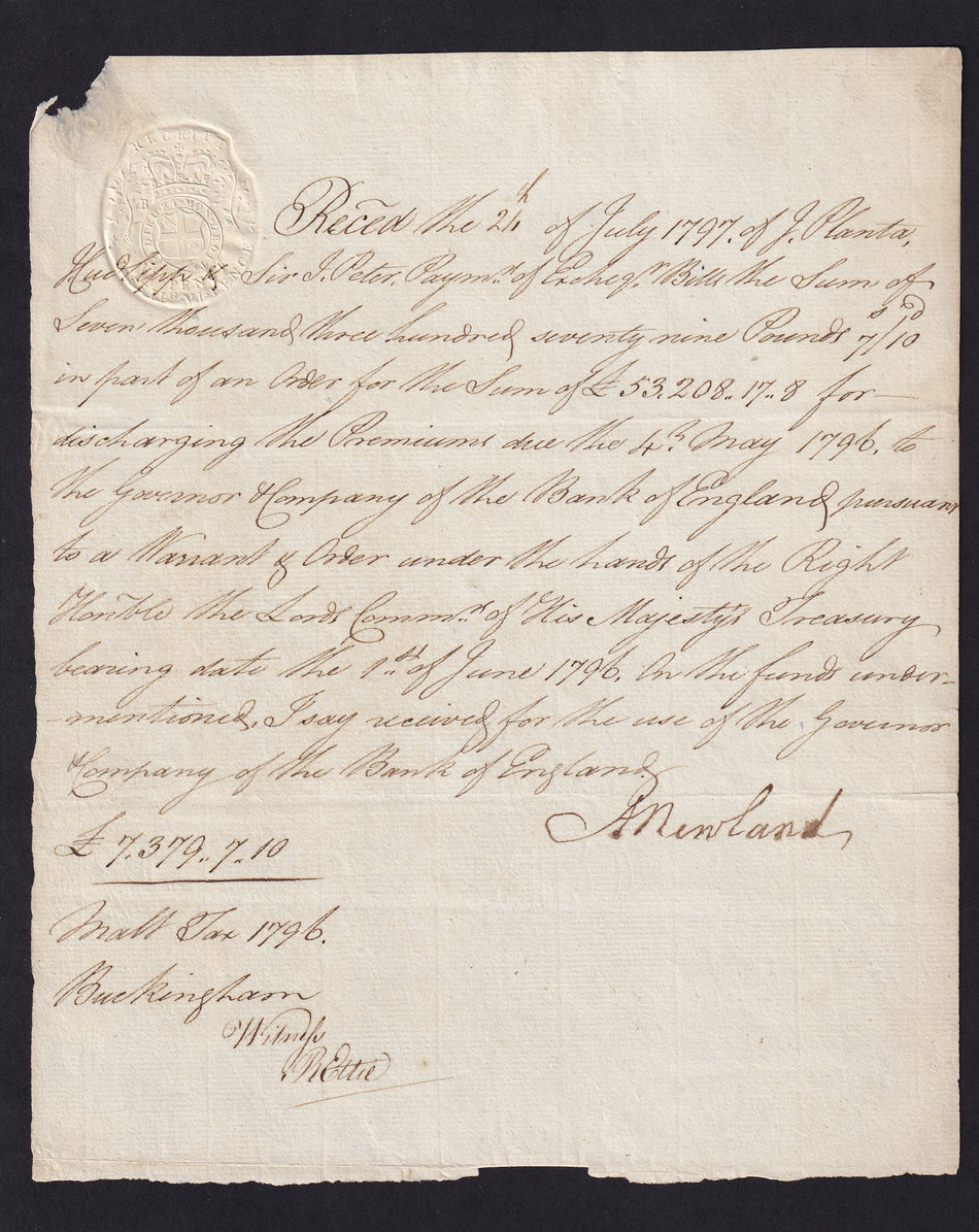 Reciept for Malt Tax via Bank of England 1796 for £7,379 7/- 10d signed Abraham Newland Fine