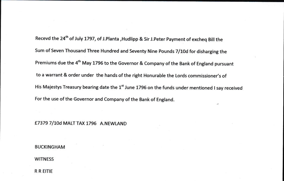 Reciept for Malt Tax via Bank of England 1796 for £7,379 7/- 10d signed Abraham Newland Fine