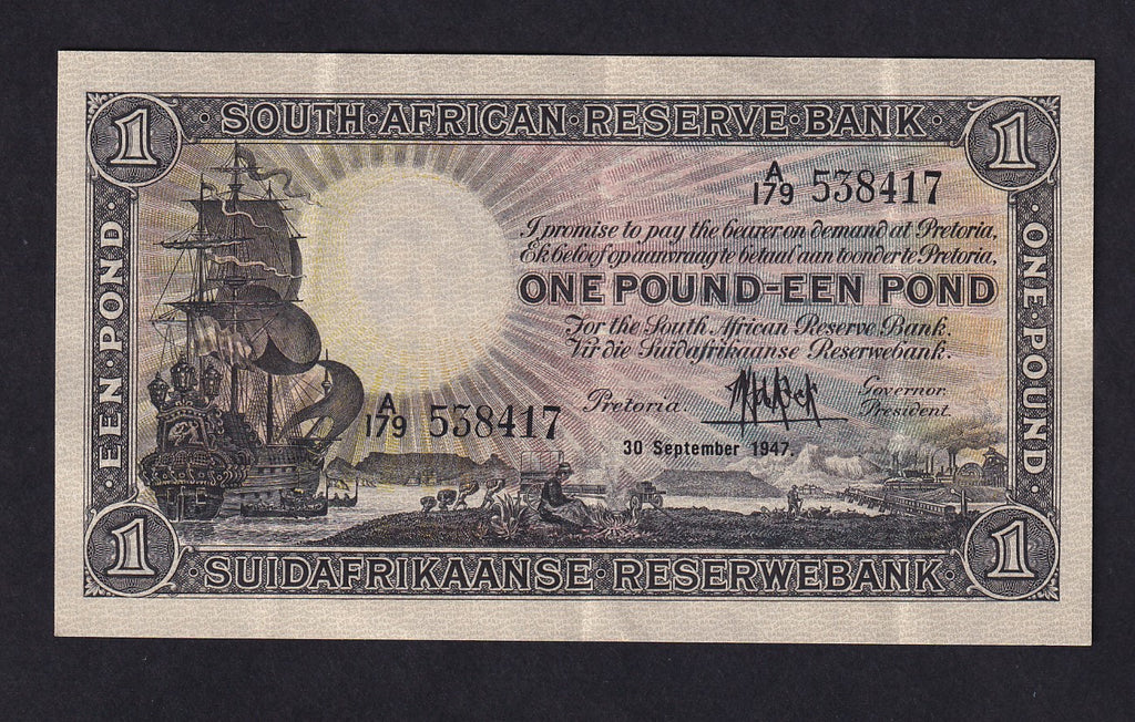 South Africa (P.84f) £1, 4th September 1947, De Kock signature, A/179, folds, otherwise EF