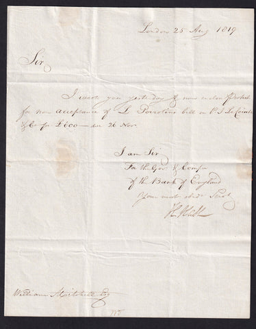 England, letter to William Mitchell RBC, 1819, from Bank of England, signed by Henry Hase Chief Cashier, VF