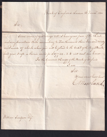 England, letter from Bank of England signed by Abraham Newland, 1800, to William Simpson, RBC Cashier about 17 bills exchange, lovely letter, Good VF