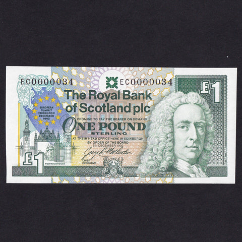 Scotland (P356) £1, Royal Bank of Scotland, European Summit commemorative, Edinburgh, December 1992, low serial, EC0000034, UNC