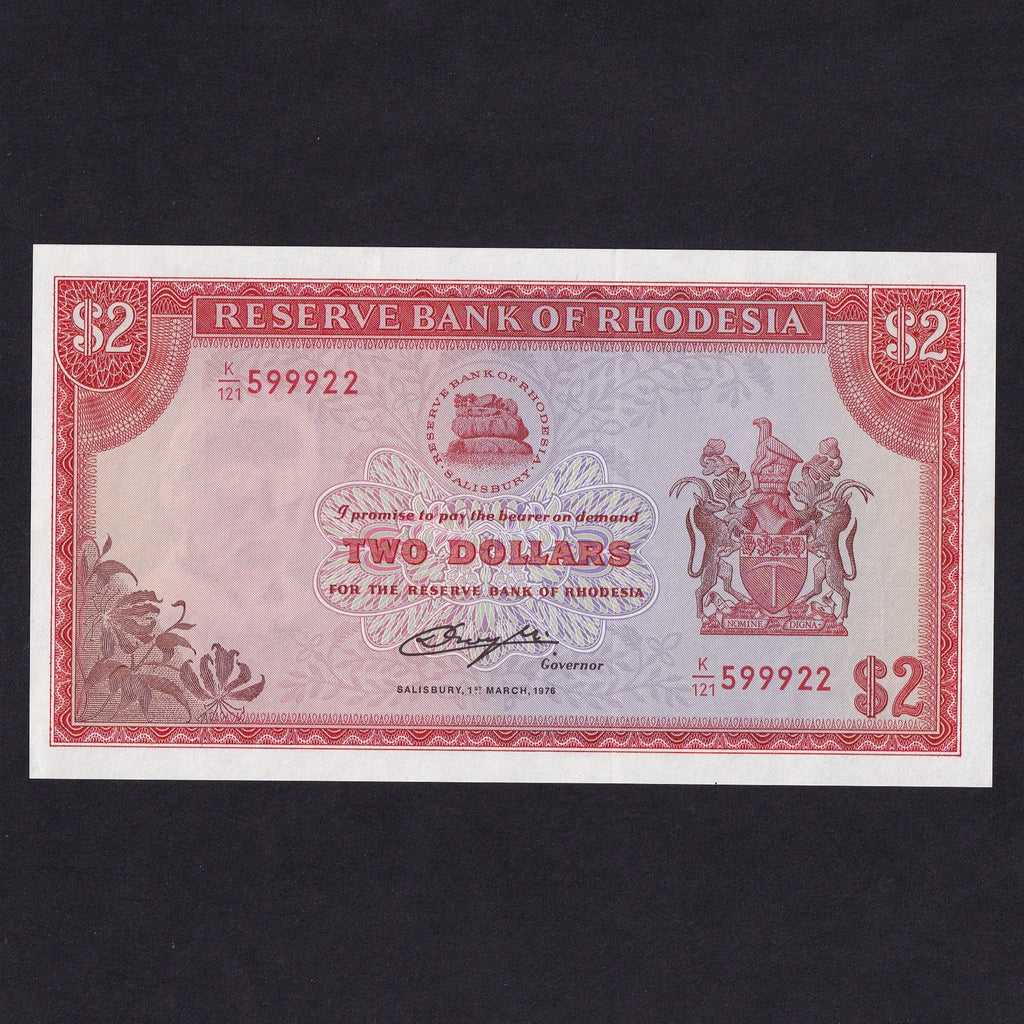 Rhodesia (P35a) $2, 1st March 1976, watermark Rhodes, UNC
